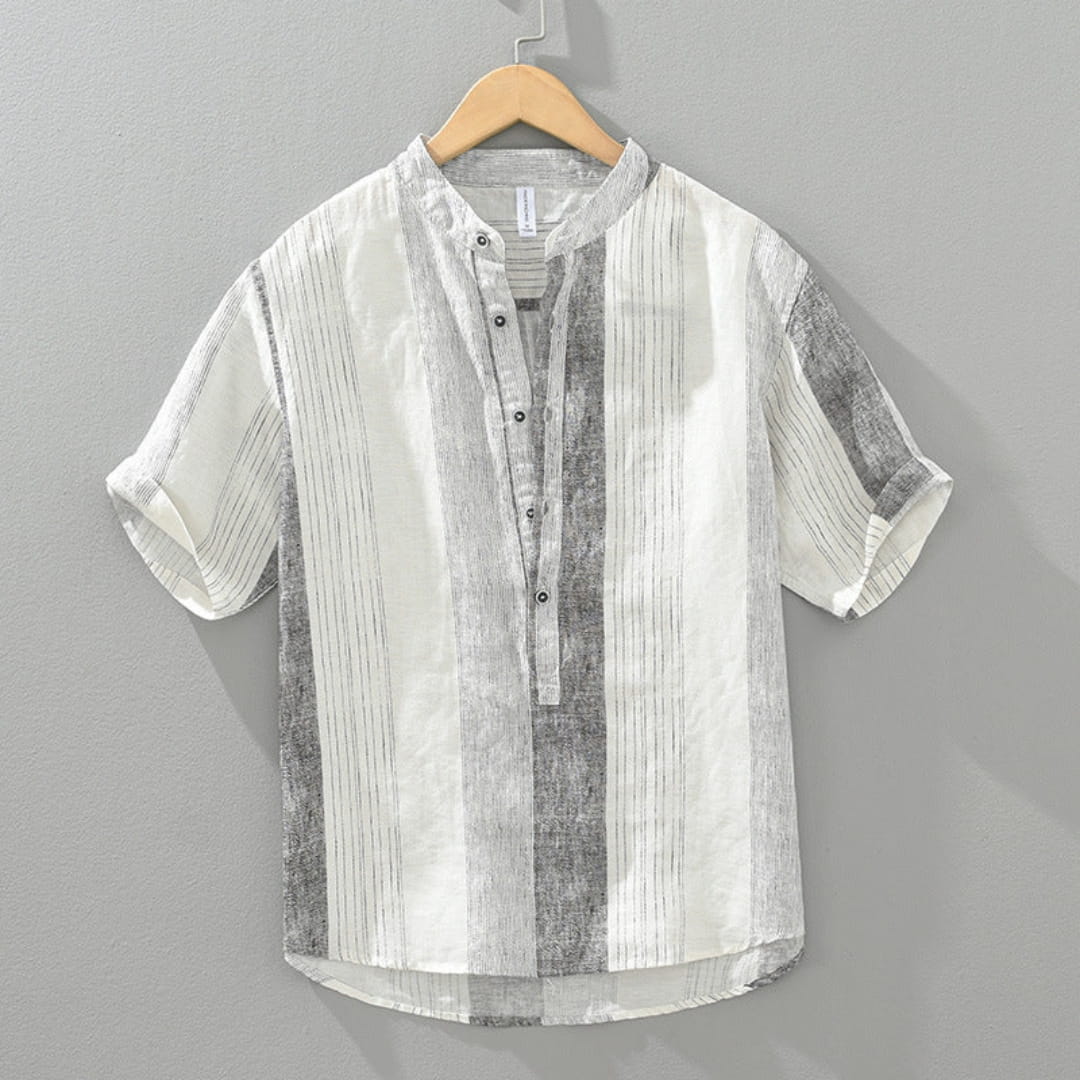 Moose Stripe Cotton Linen Henley Shirt — Relaxed Fit Casual Kurta Shirt