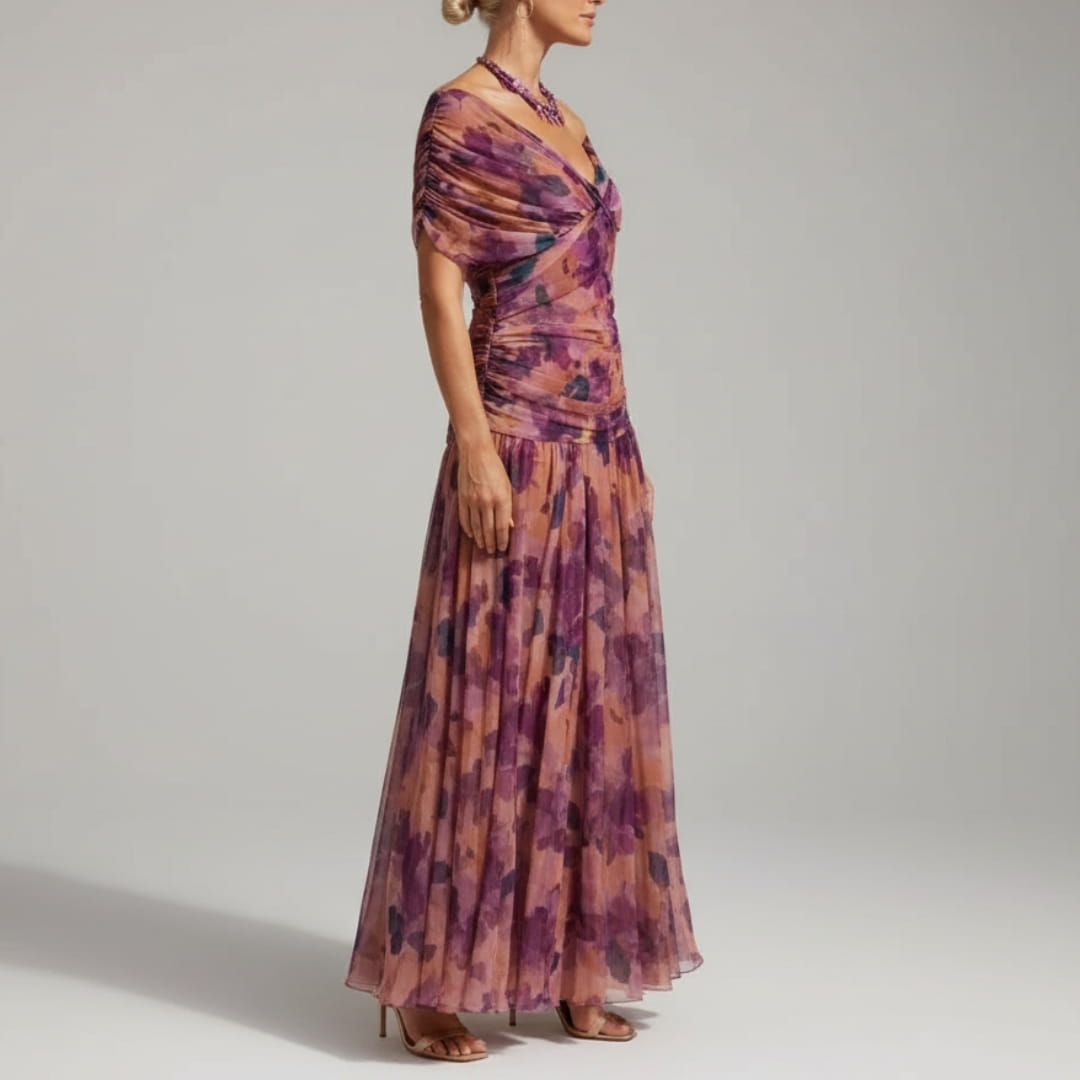 Elara Flowing V-Neck Party Dress — Pleated Waist Elegant Maxi Dress
