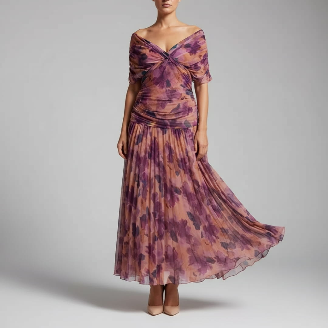 Elara Flowing V-Neck Party Dress — Pleated Waist Elegant Maxi Dress