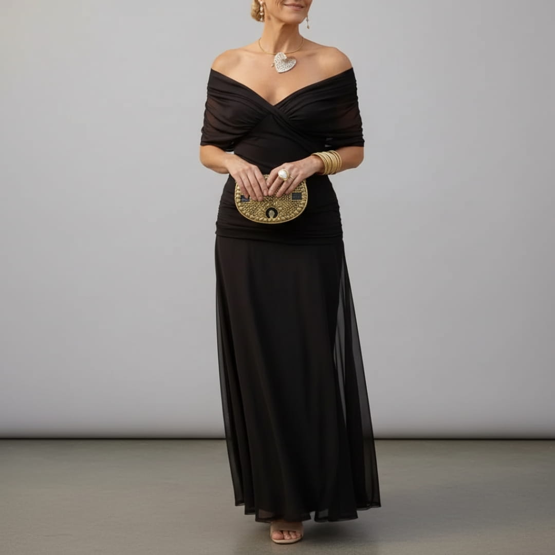 Elara Flowing V-Neck Party Dress — Pleated Waist Elegant Maxi Dress