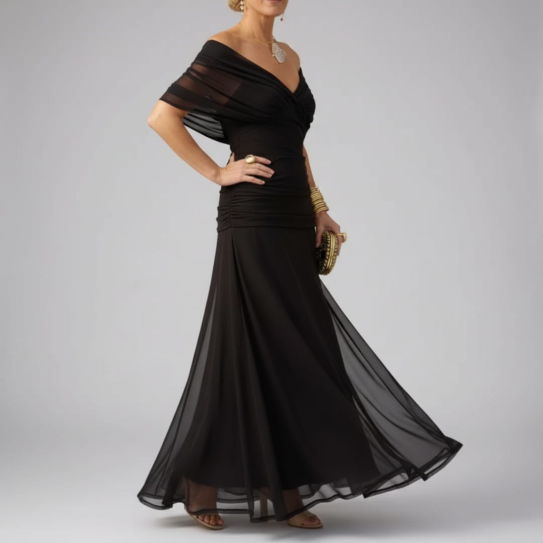 Elara Flowing V-Neck Party Dress — Pleated Waist Elegant Maxi Dress