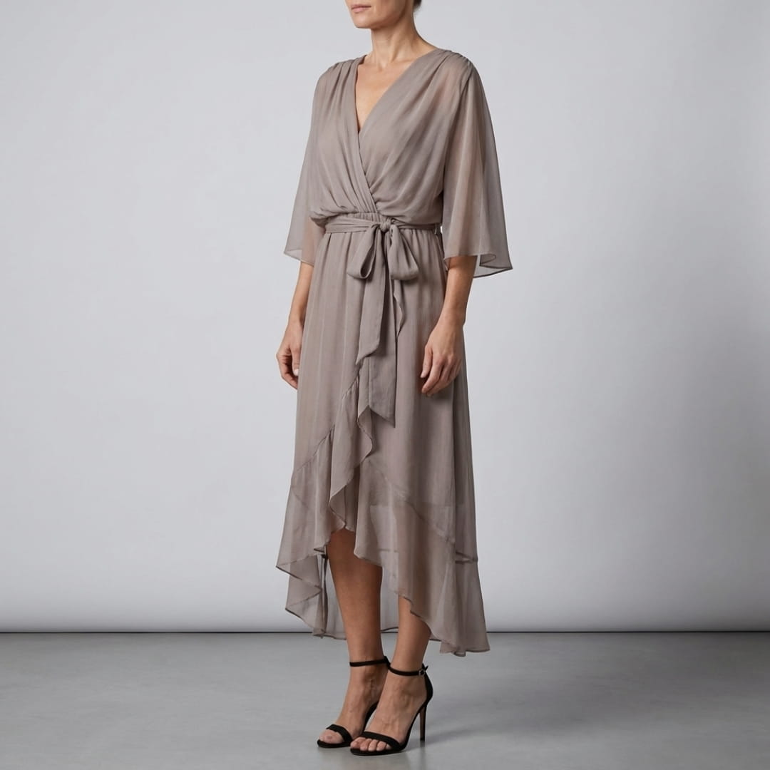 Leslie Women’s Chiffon Maxi Dress – Deep V-Neck with Flowing Bat Sleeves