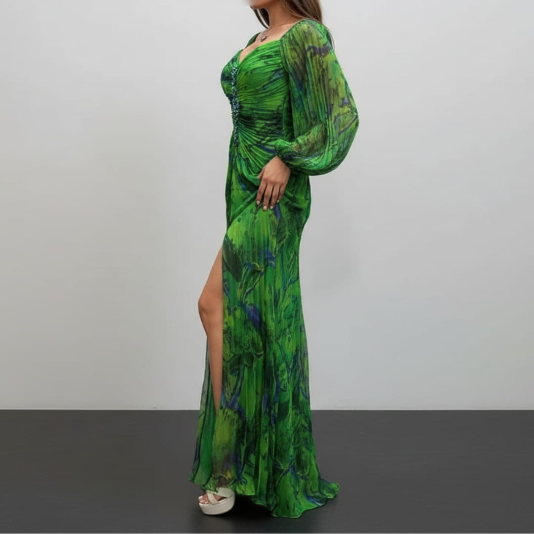 Sarah Long Sleeve Maxi Dress – Elegant Silhouette with Pleated Detailing