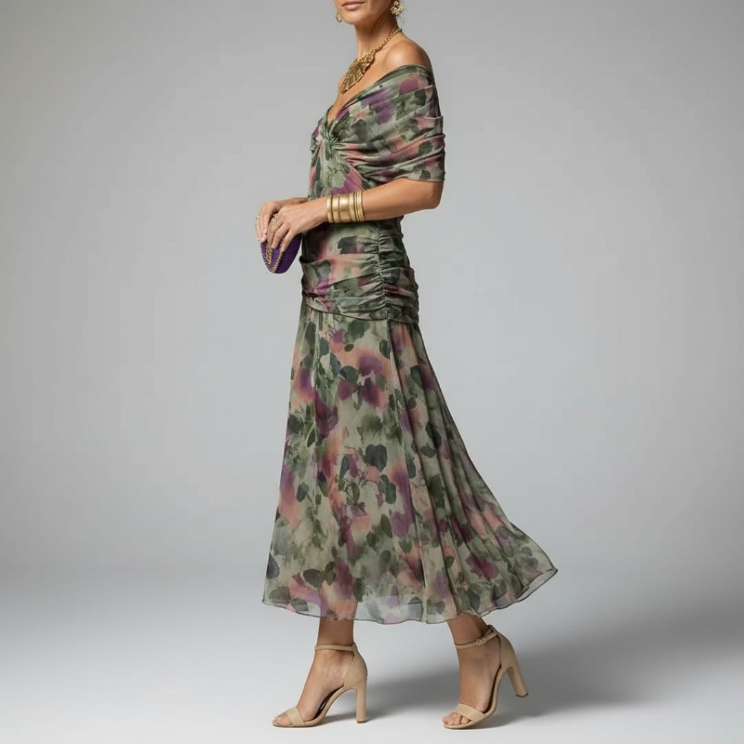 Elara Flowing V-Neck Party Dress — Pleated Waist Elegant Maxi Dress