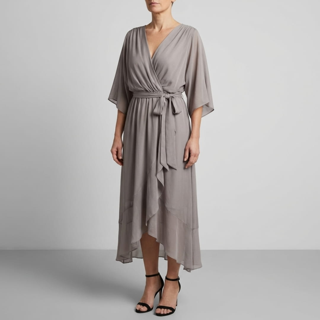 Leslie Women’s Chiffon Maxi Dress – Deep V-Neck with Flowing Bat Sleeves