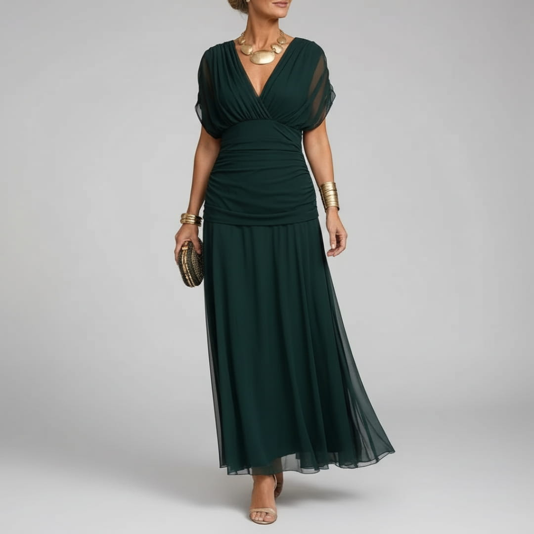 Elara Flowing V-Neck Party Dress — Pleated Waist Elegant Maxi Dress
