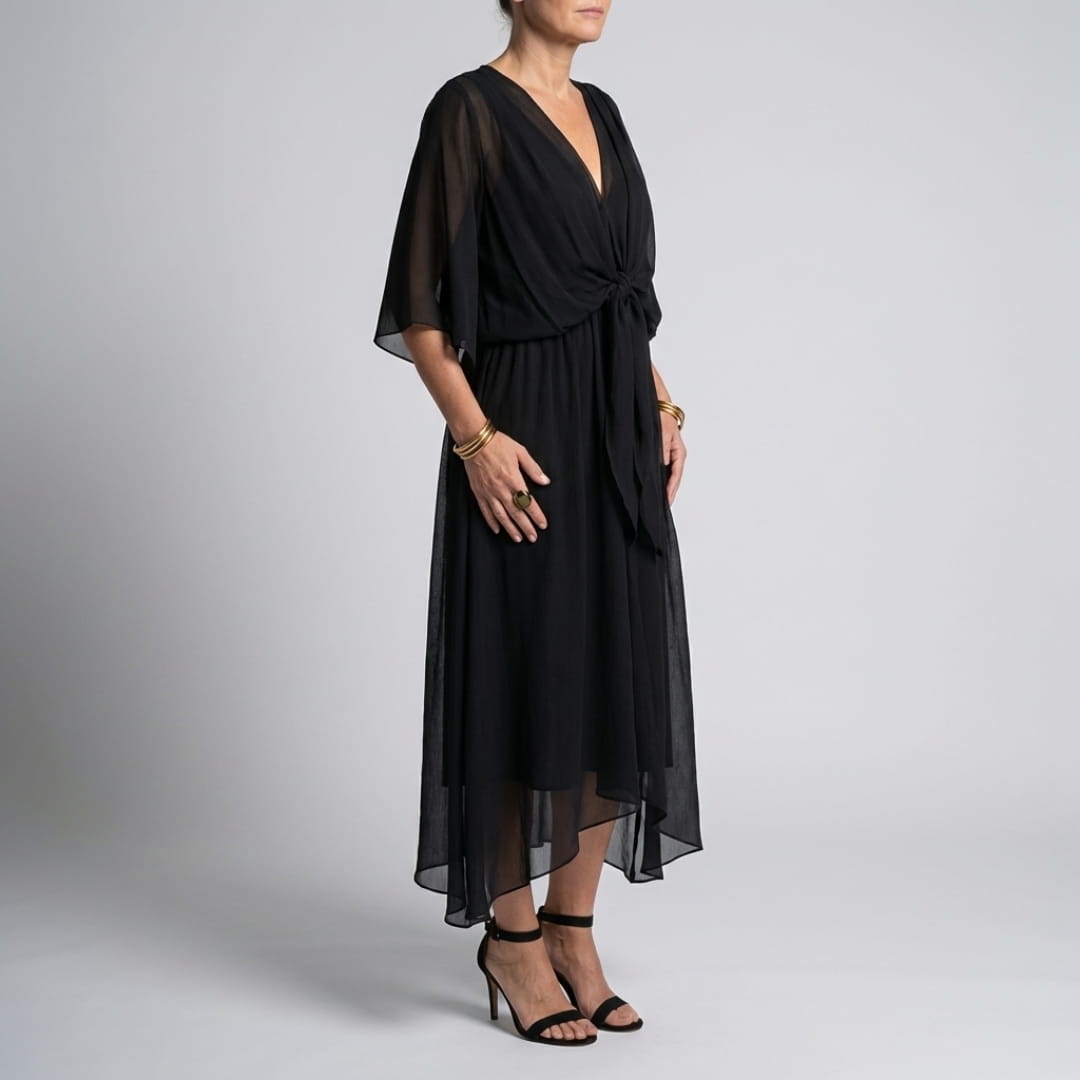 Leslie Women’s Chiffon Maxi Dress – Deep V-Neck with Flowing Bat Sleeves