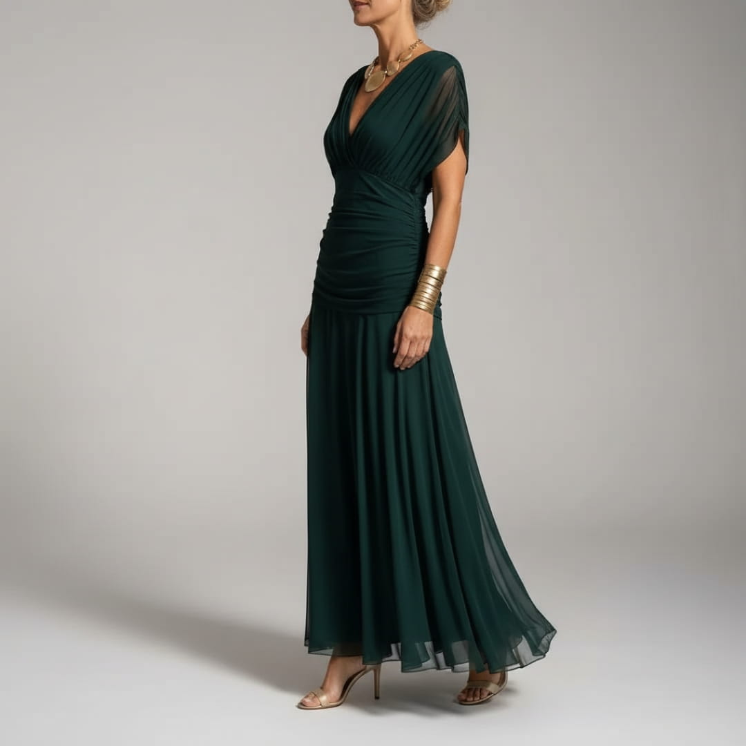 Elara Flowing V-Neck Party Dress — Pleated Waist Elegant Maxi Dress