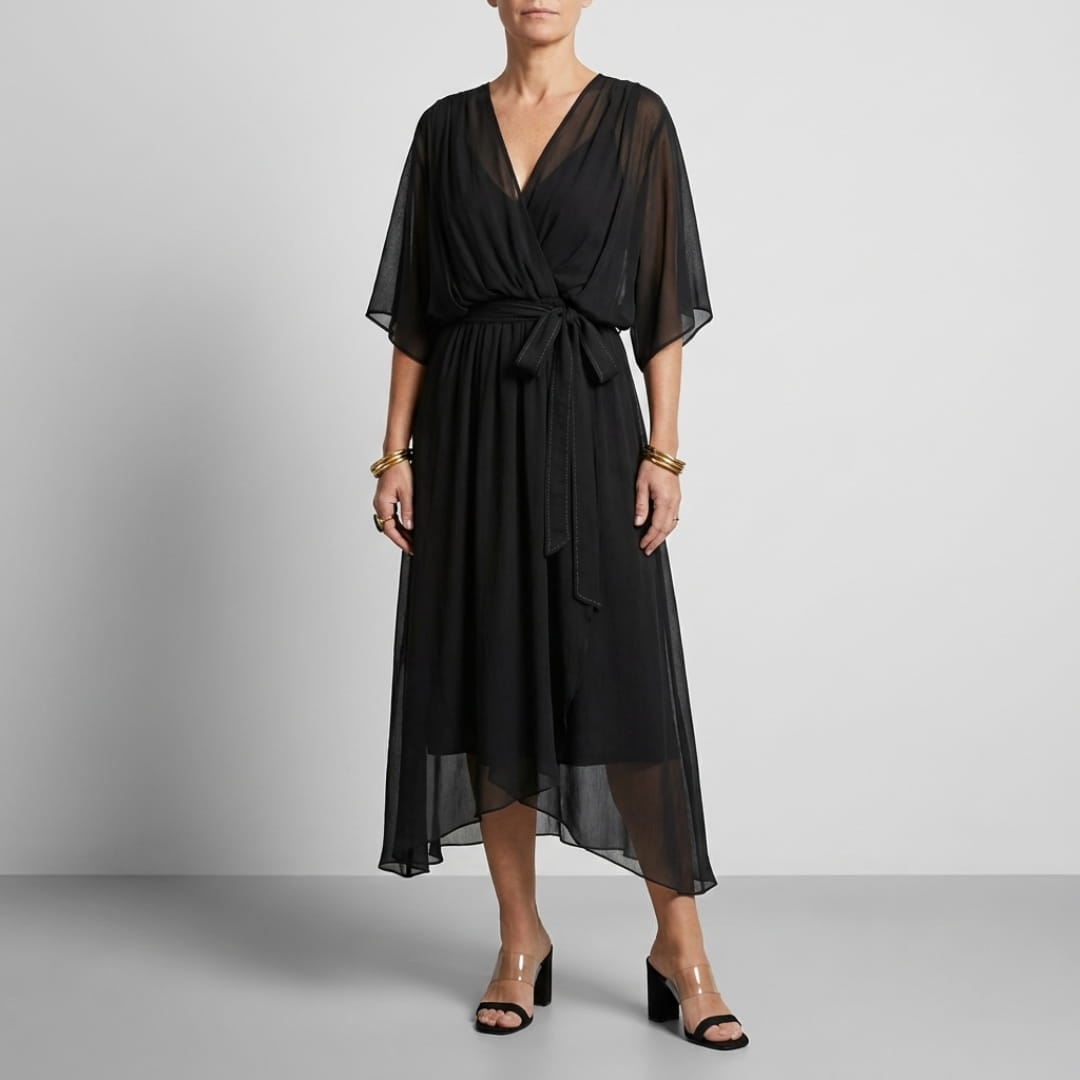 Leslie Women’s Chiffon Maxi Dress – Deep V-Neck with Flowing Bat Sleeves