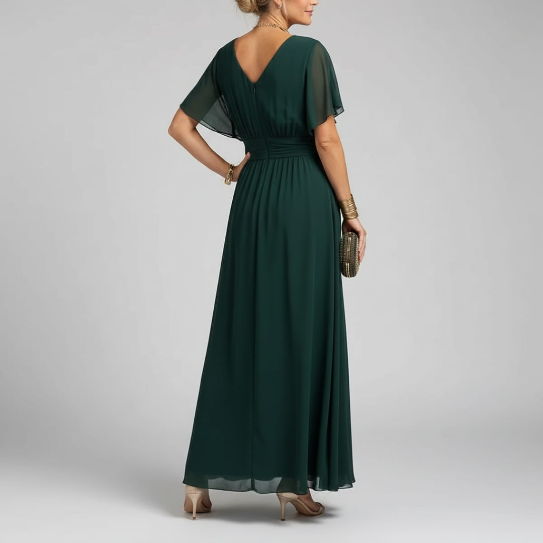 Elara Flowing V-Neck Party Dress — Pleated Waist Elegant Maxi Dress