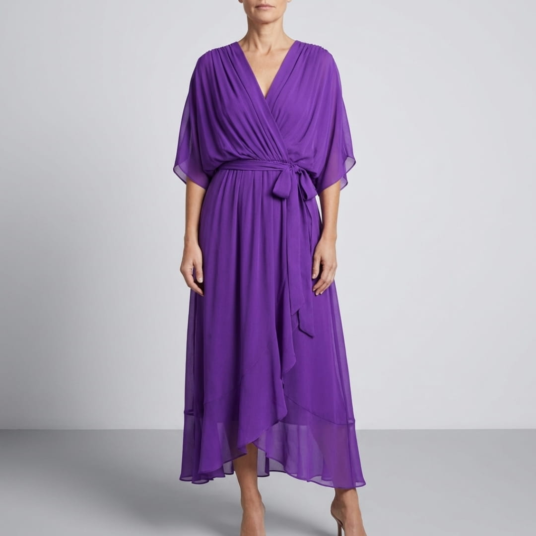 Leslie Women’s Chiffon Maxi Dress – Deep V-Neck with Flowing Bat Sleeves