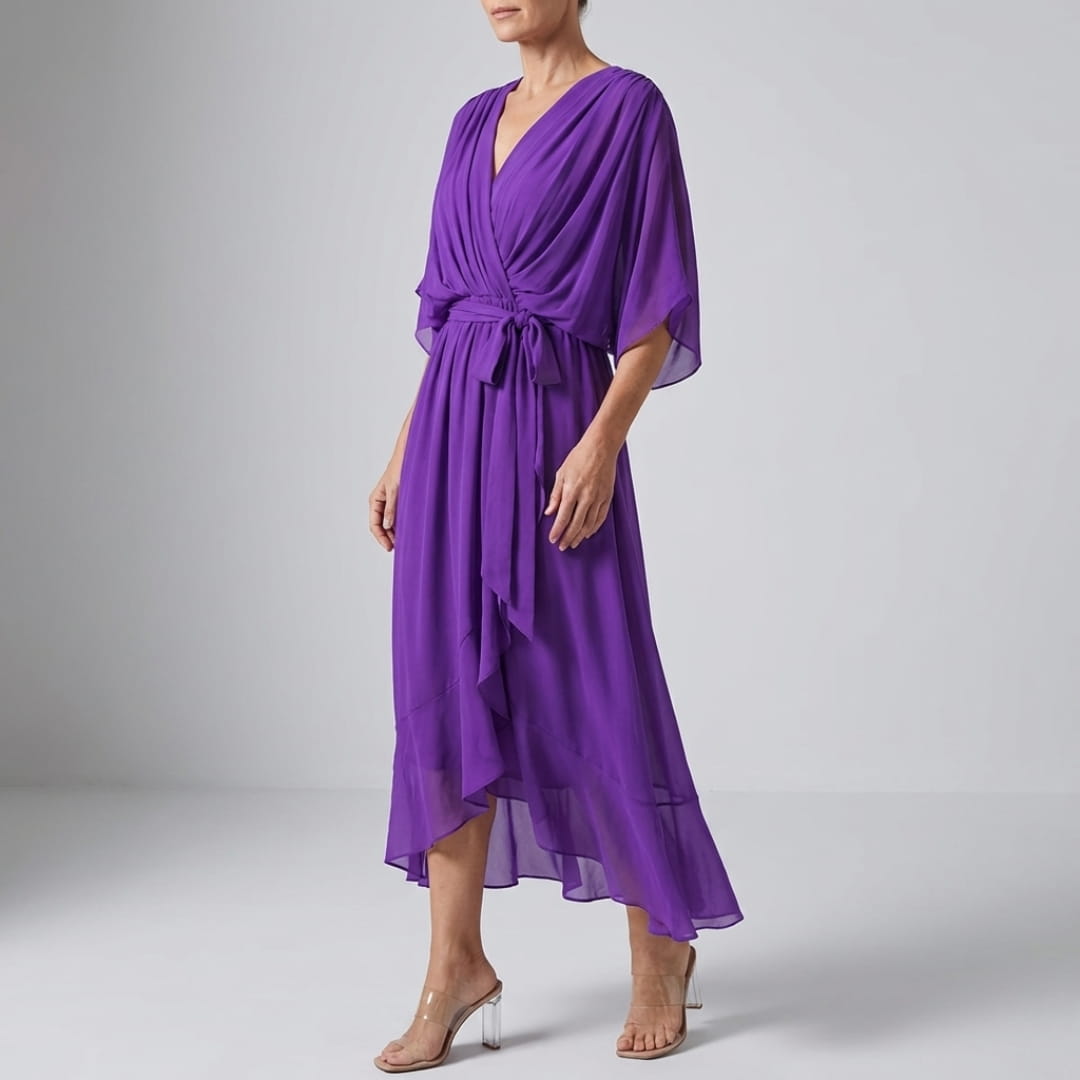 Leslie Women’s Chiffon Maxi Dress – Deep V-Neck with Flowing Bat Sleeves
