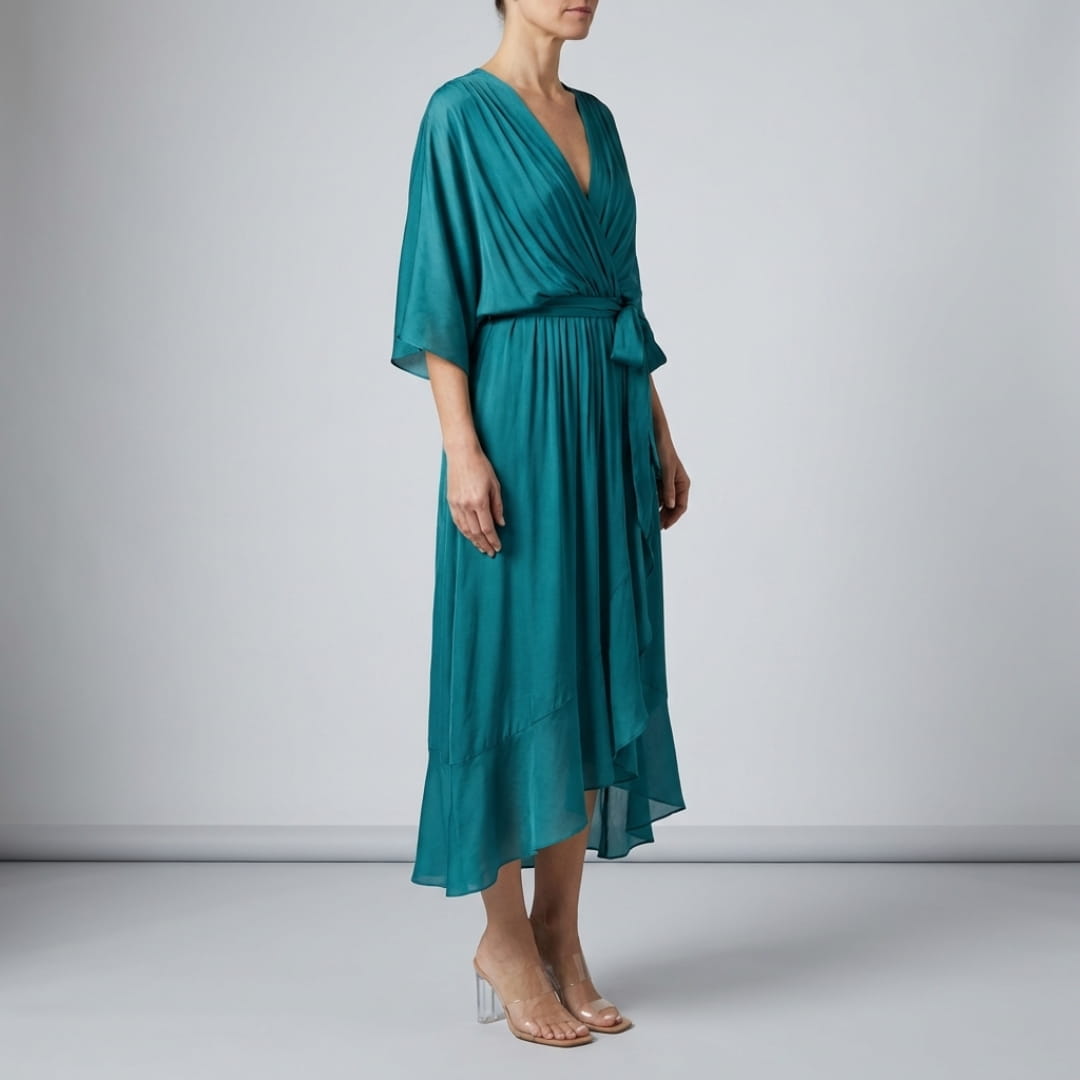 Leslie Women’s Chiffon Maxi Dress – Deep V-Neck with Flowing Bat Sleeves