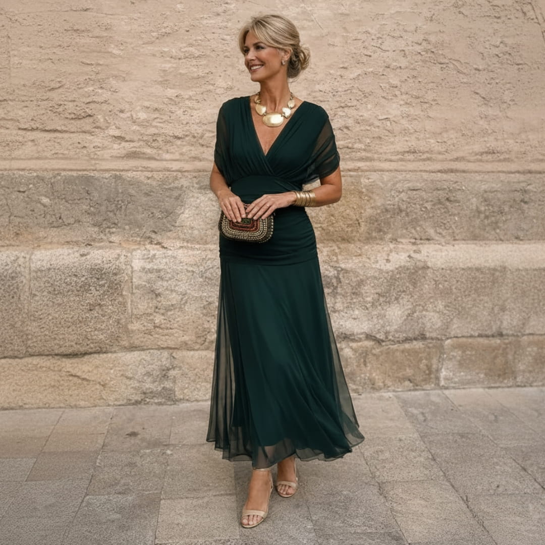 Elara Flowing V-Neck Party Dress — Pleated Waist Elegant Maxi Dress