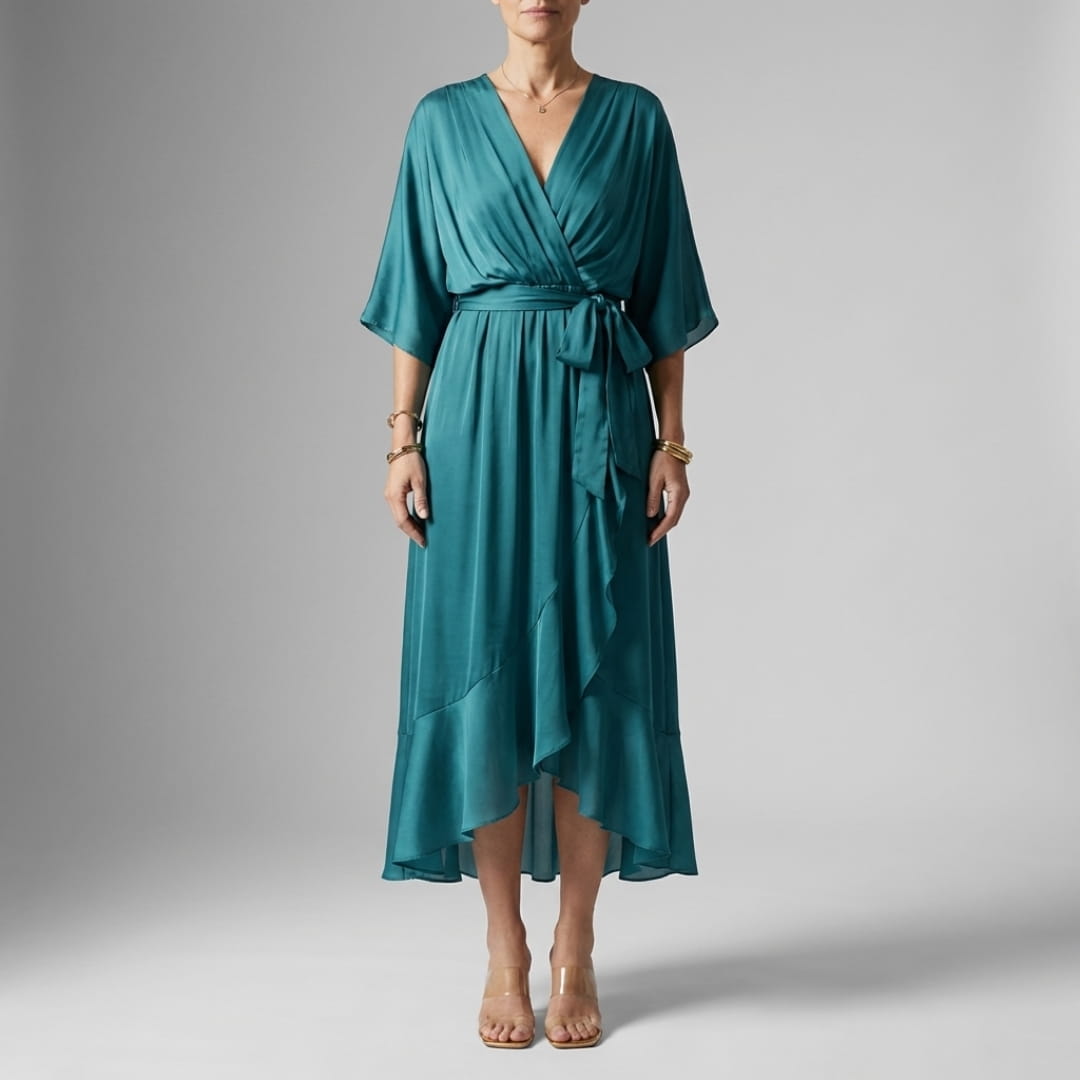 Leslie Women’s Chiffon Maxi Dress – Deep V-Neck with Flowing Bat Sleeves