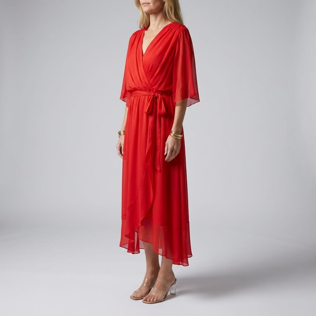 Leslie Women’s Chiffon Maxi Dress – Deep V-Neck with Flowing Bat Sleeves