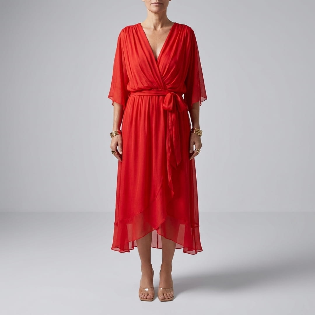 Leslie Women’s Chiffon Maxi Dress – Deep V-Neck with Flowing Bat Sleeves
