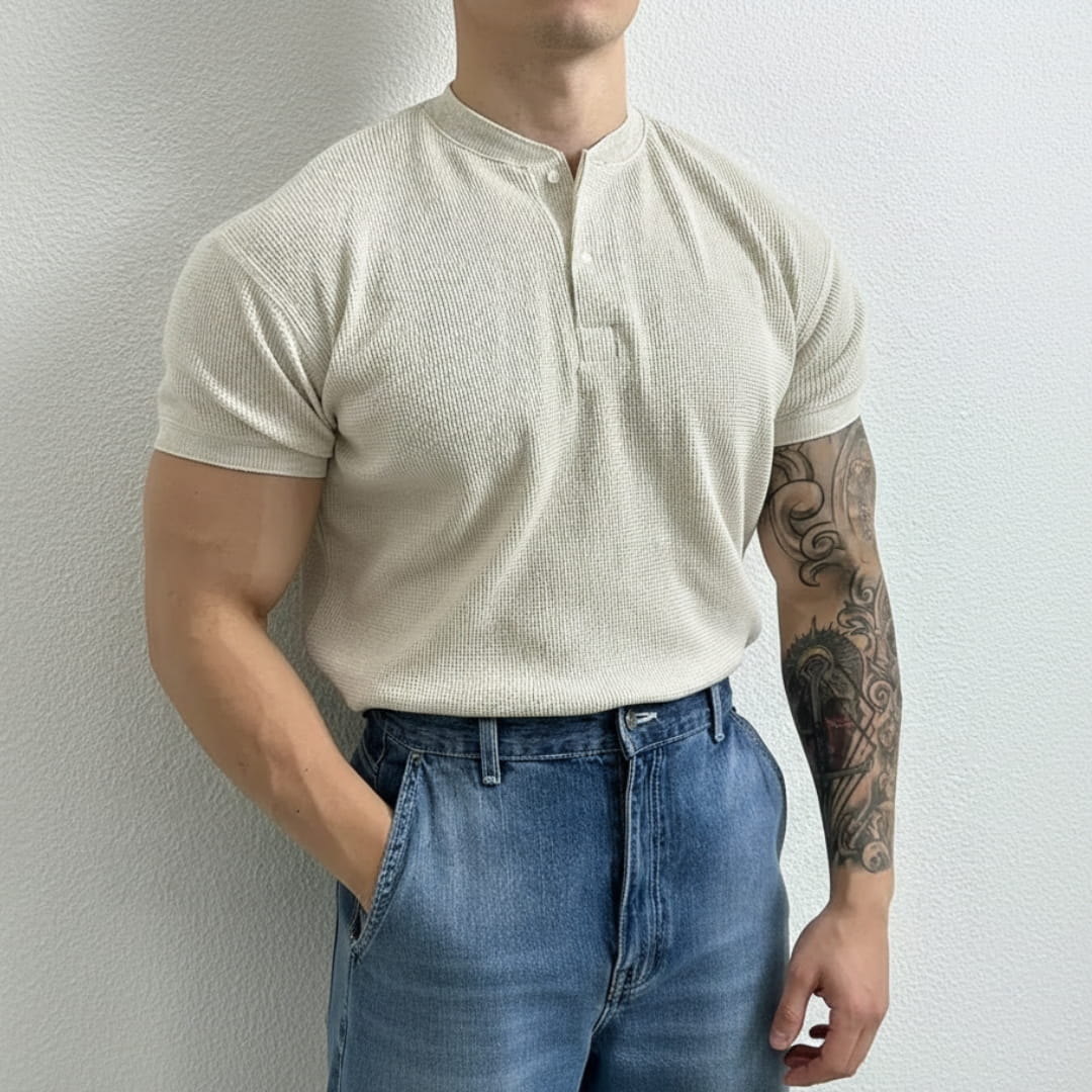 Colton Cotton Waffle Henley Polo Shirt — Textured Modern Casual Top