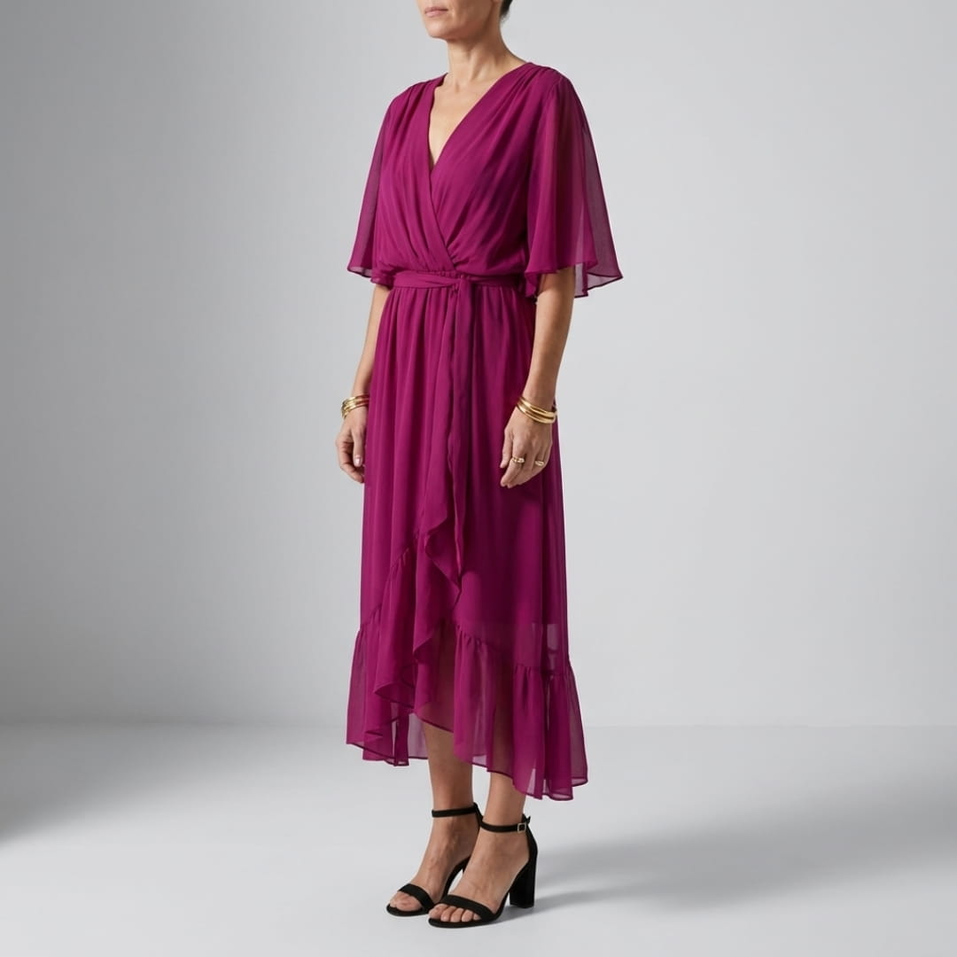 Leslie Women’s Chiffon Maxi Dress – Deep V-Neck with Flowing Bat Sleeves