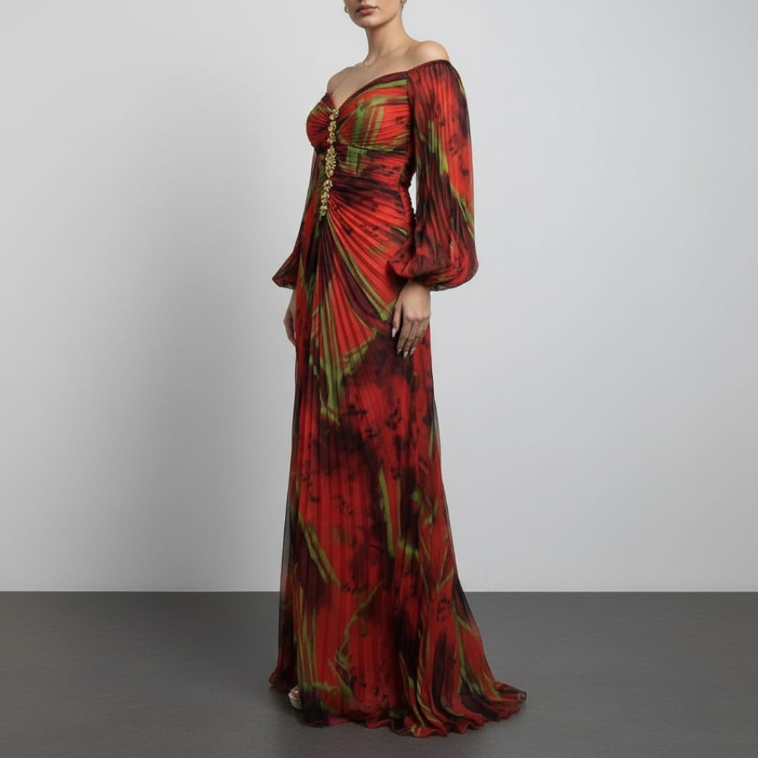 Sarah Long Sleeve Maxi Dress – Elegant Silhouette with Pleated Detailing