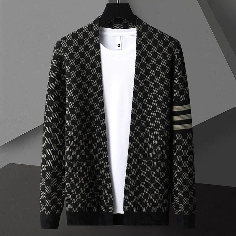 Callahan Men’s Cardigan – Viscose Blend Knit with Checkered Pattern