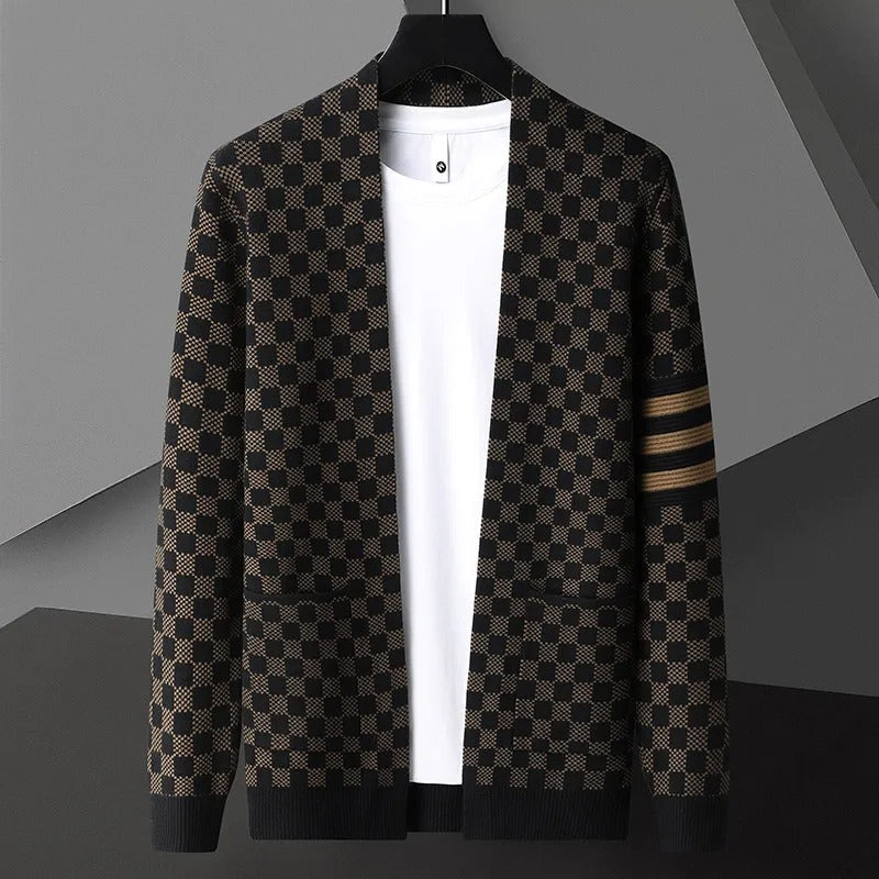 Callahan Men’s Cardigan – Viscose Blend Knit with Checkered Pattern