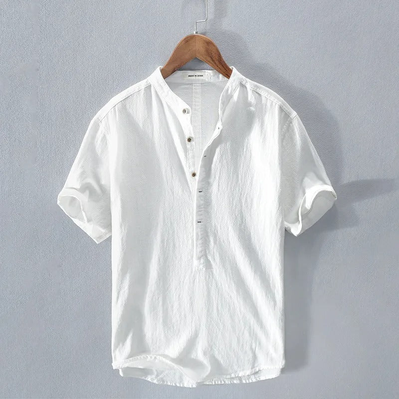 Flavio Linen Cotton Henley Shirt – Mandarin Collar Short-Sleeve Lightweight Top