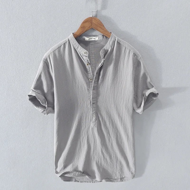 Flavio Linen Cotton Henley Shirt – Mandarin Collar Short-Sleeve Lightweight Top