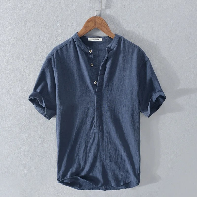 Flavio Linen Cotton Henley Shirt – Mandarin Collar Short-Sleeve Lightweight Top