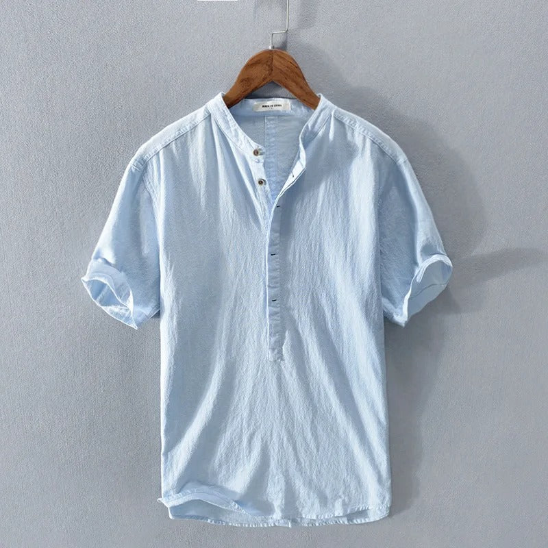 Flavio Linen Cotton Henley Shirt – Mandarin Collar Short-Sleeve Lightweight Top