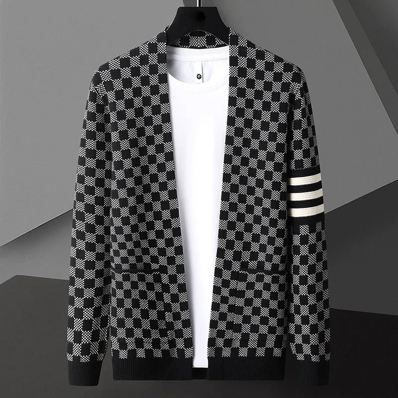 Callahan Men’s Cardigan – Viscose Blend Knit with Checkered Pattern