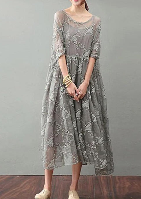 Soraya Midi Dress – Silk Cotton Blend with Lace Detail and Flowy Relaxed Fit