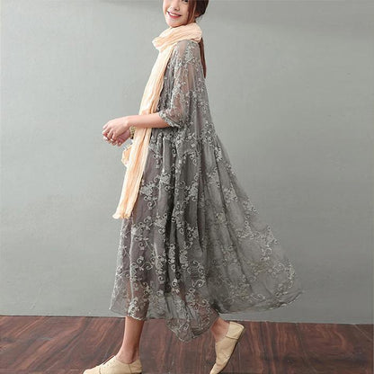 Soraya Midi Dress – Silk Cotton Blend with Lace Detail and Flowy Relaxed Fit