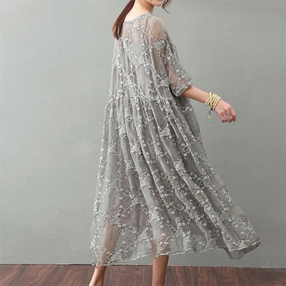 Soraya Midi Dress – Silk Cotton Blend with Lace Detail and Flowy Relaxed Fit