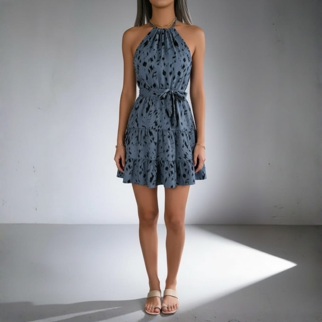 Elise Halter Neck Mini Dress – Tie Waist Flowing Summer Dress