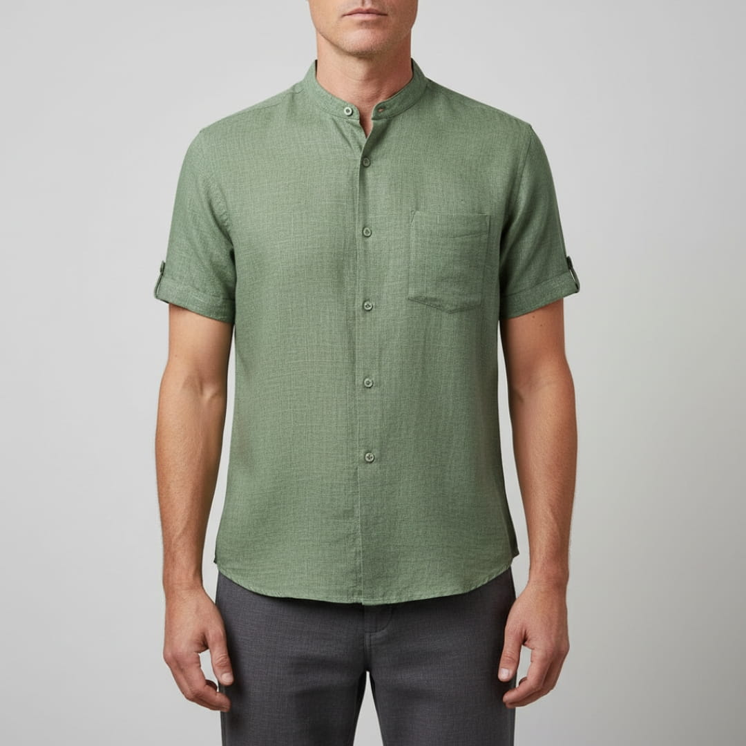 Leonard Men’s Linen Shirt – Collarless Short Sleeve Button-Up for Summer