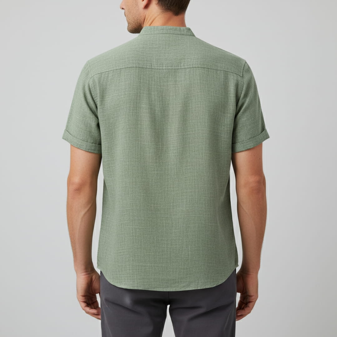 Leonard Men’s Linen Shirt – Collarless Short Sleeve Button-Up for Summer