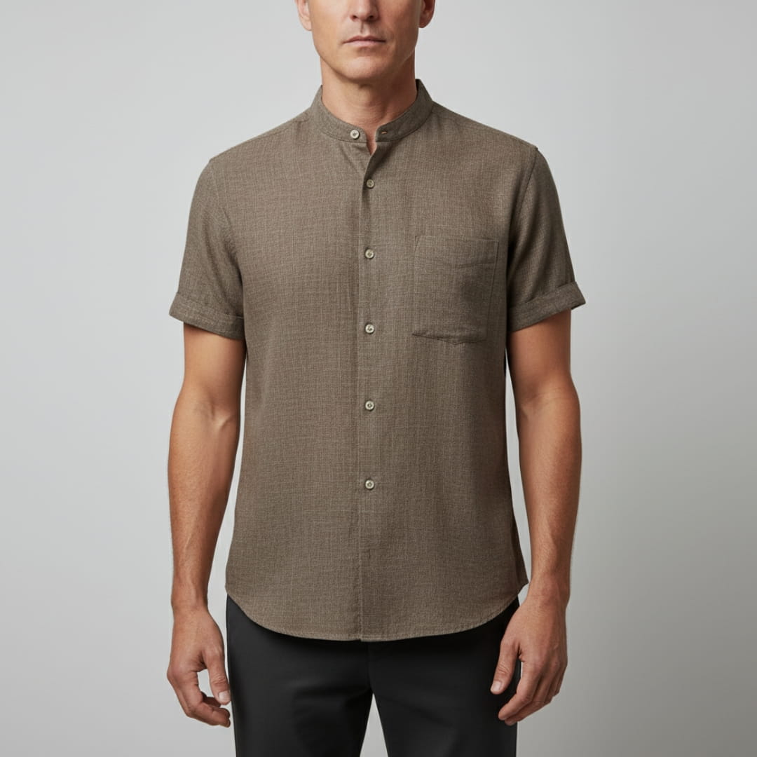 Leonard Men’s Linen Shirt – Collarless Short Sleeve Button-Up for Summer