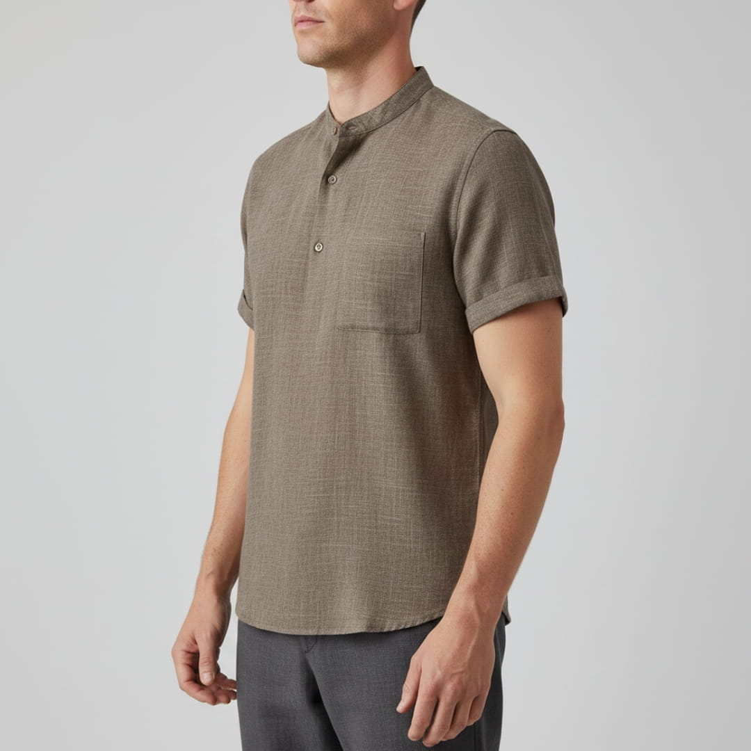 Leonard Men’s Linen Shirt – Collarless Short Sleeve Button-Up for Summer