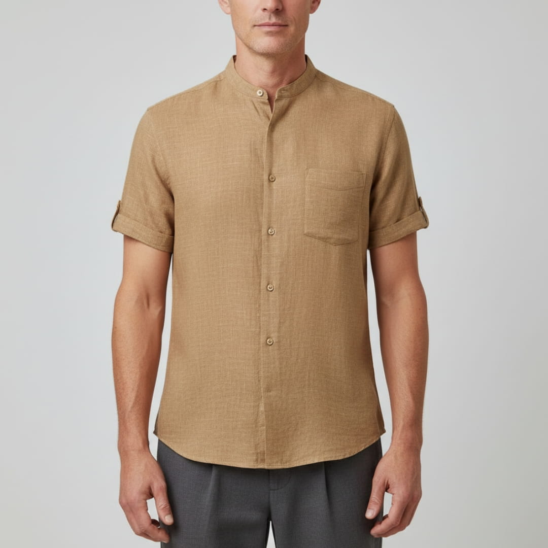 Leonard Men’s Linen Shirt – Collarless Short Sleeve Button-Up for Summer