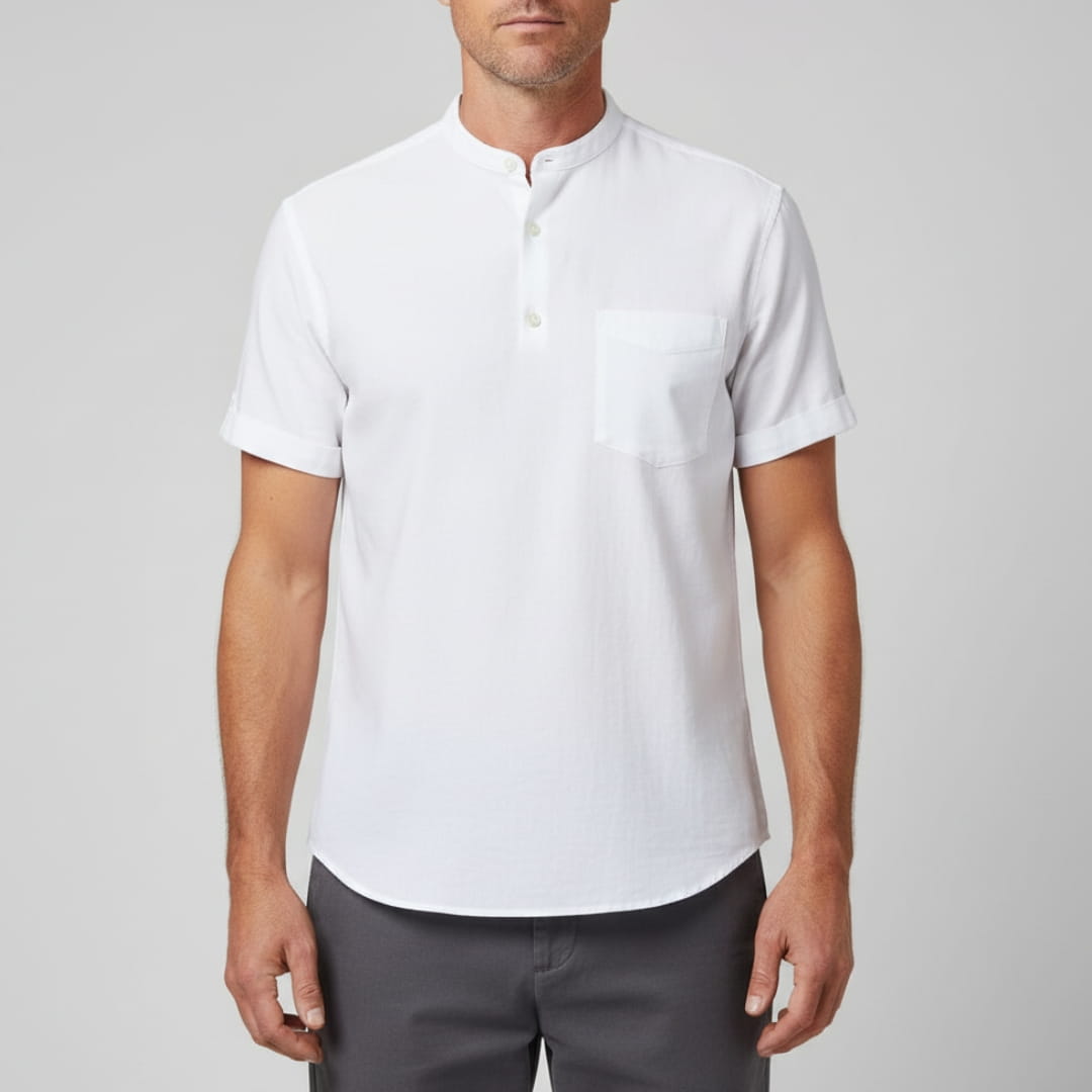 Leonard Men’s Linen Shirt – Collarless Short Sleeve Button-Up for Summer