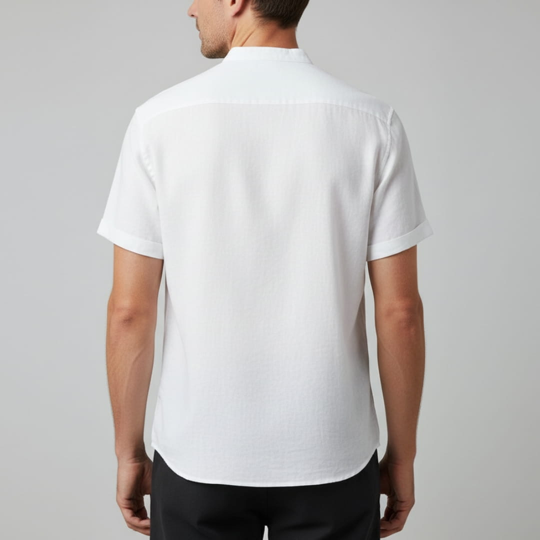 Leonard Men’s Linen Shirt – Collarless Short Sleeve Button-Up for Summer