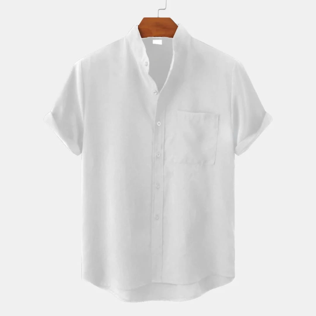 Leonard Men’s Linen Shirt – Collarless Short Sleeve Button-Up for Summer