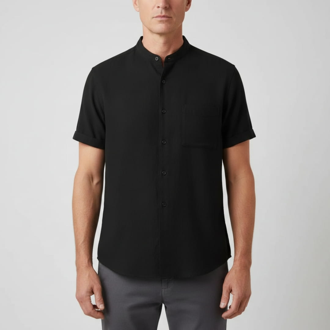 Leonard Men’s Linen Shirt – Collarless Short Sleeve Button-Up for Summer
