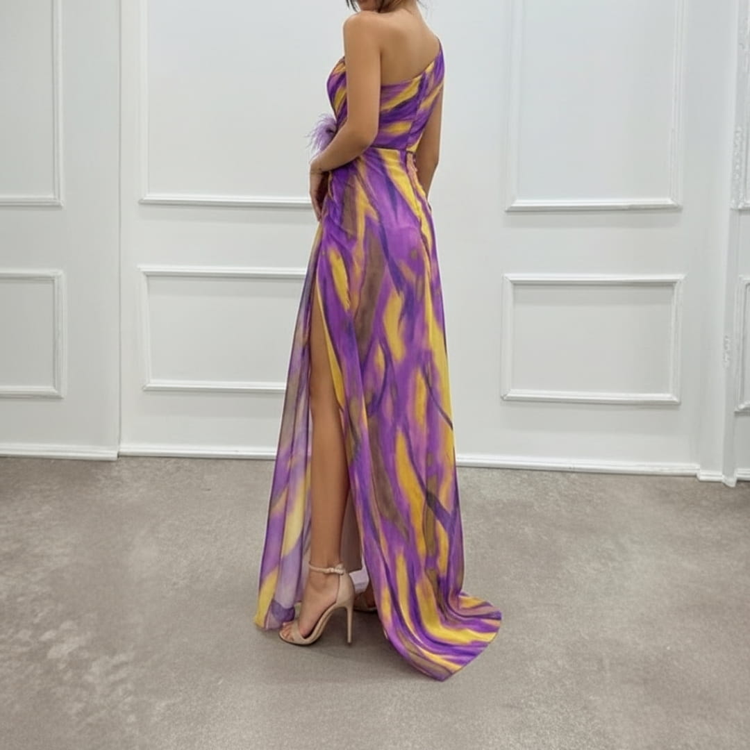 Sierra One-Shoulder Maxi Dress – Bold Print with Side Slit for Summer Events