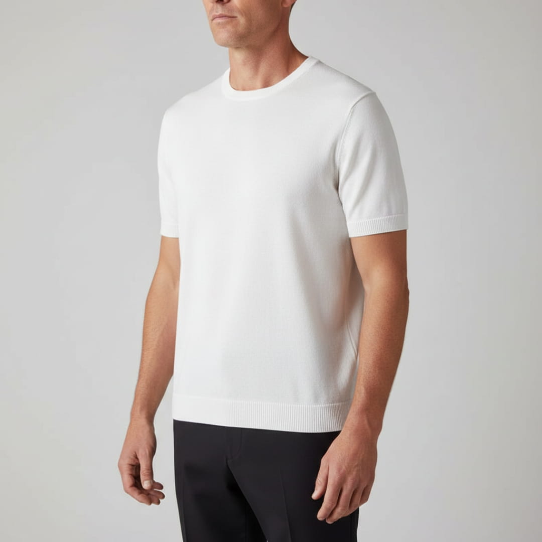 Gabriel Men’s Knit T-Shirt – Mercerised Cotton Blend with Ribbed Crewneck