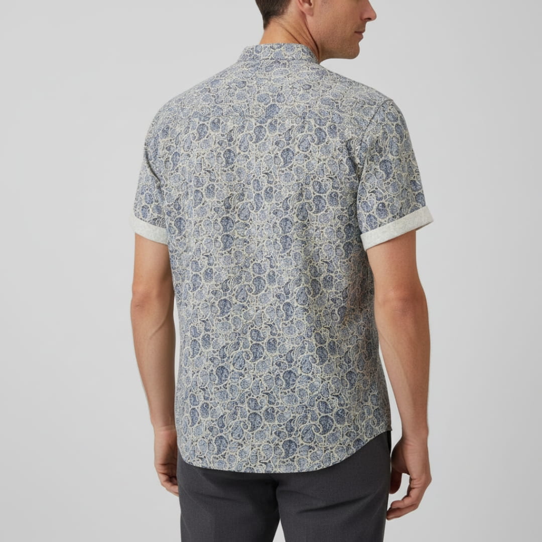 Matthew Men’s Short Sleeve Linen Shirt – Floral Print with Mandarin Collar