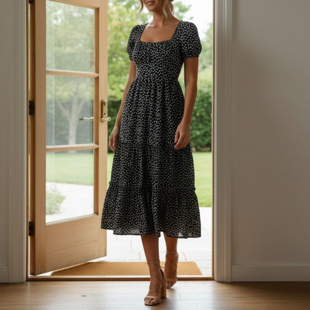 Celestine Floral Cotton Midi Dress – Square Neck Tiered Summer Dress
