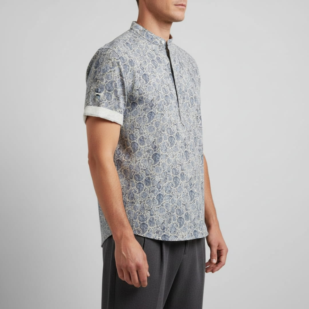 Matthew Men’s Short Sleeve Linen Shirt – Floral Print with Mandarin Collar