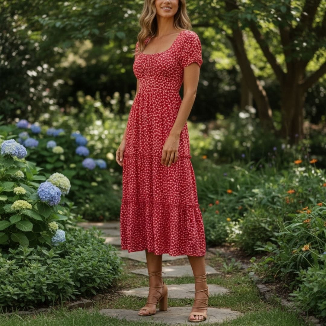 Celestine Floral Cotton Midi Dress – Square Neck Tiered Summer Dress